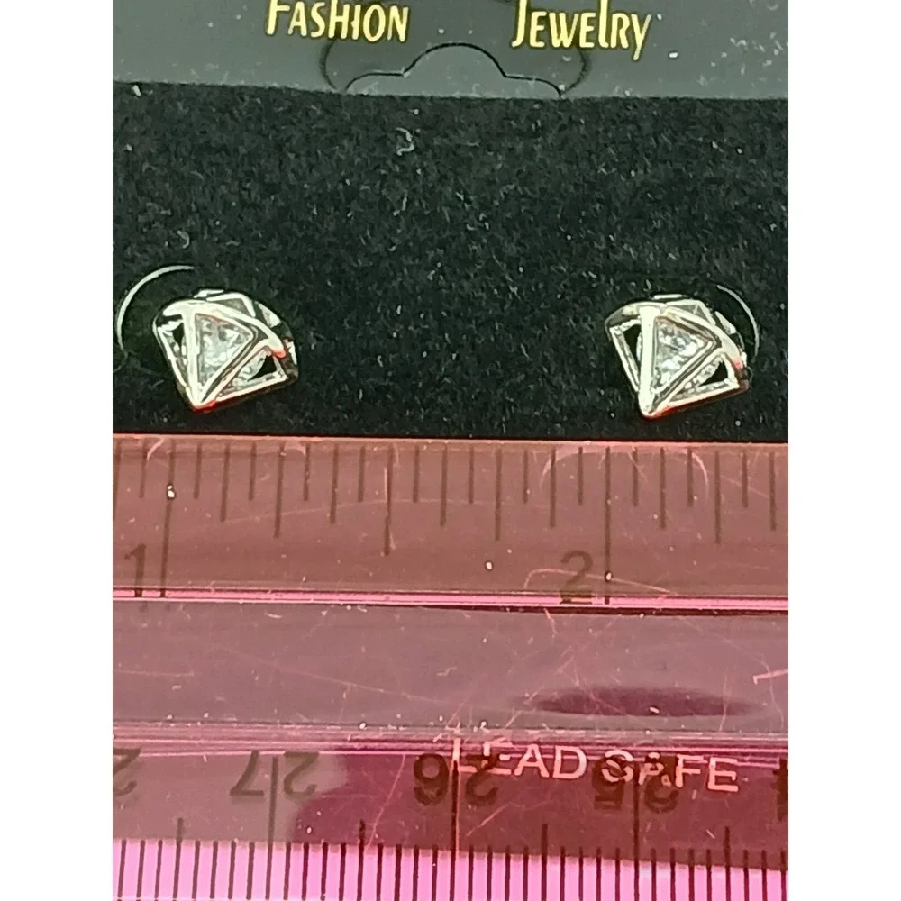 Vintage‎ 90s Silver Tone Geometric Diamond Cage Stud Earrings Clear Stone New